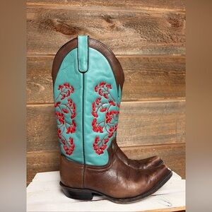 Vtg Y2k LANE Boots Floral Jade Sz 8.5 Embroidered Snip Toe Leather Cowgirl Boots
